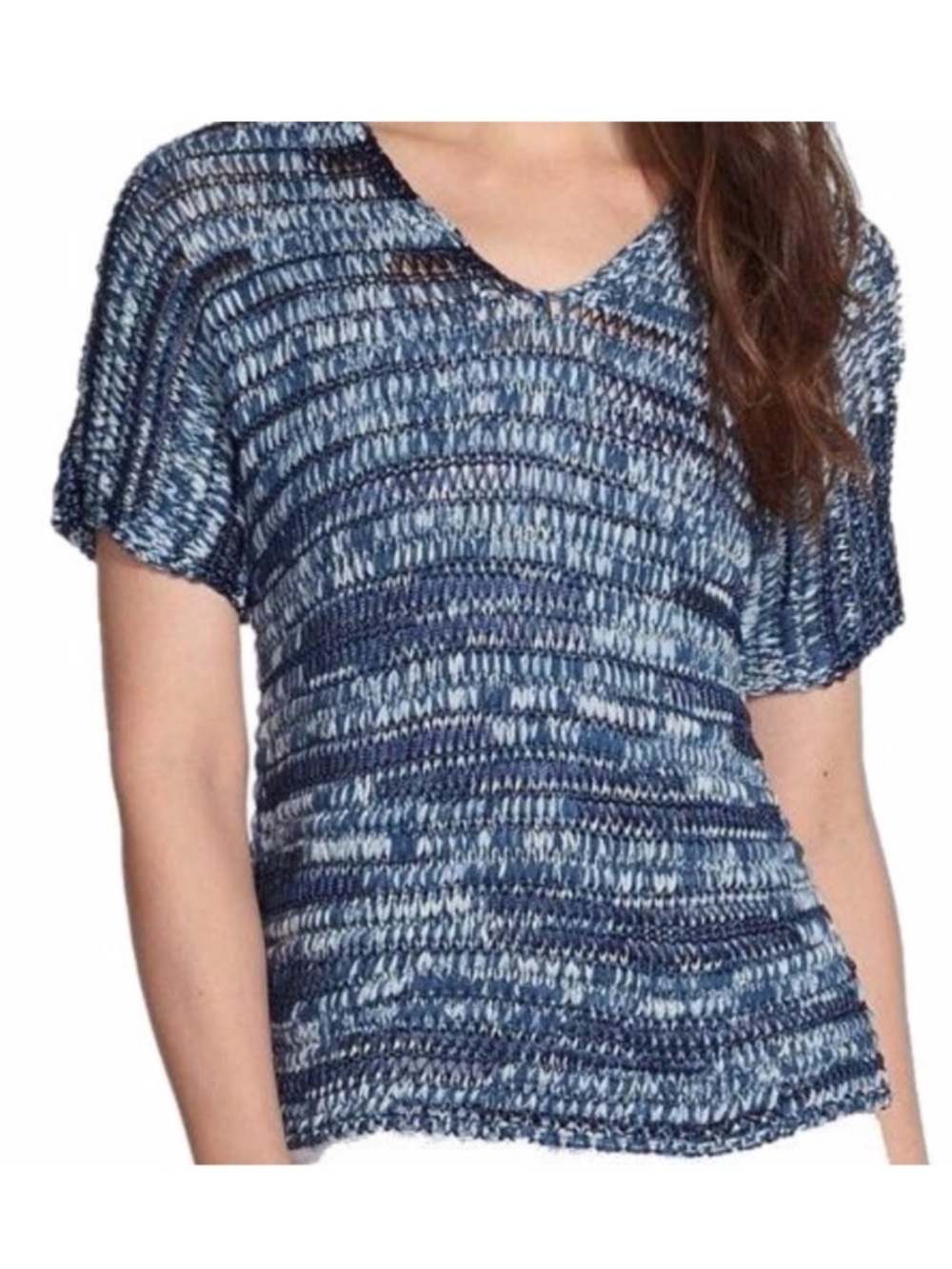 Eileen Fisher Sweater Top V-Neck Ribbon Tape Knit Blue Brushstroke Small Petite